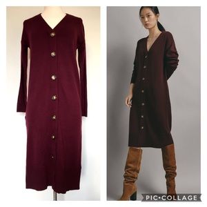 Wool Blend Long Cardigan Button Down Dress Burgundy Wine